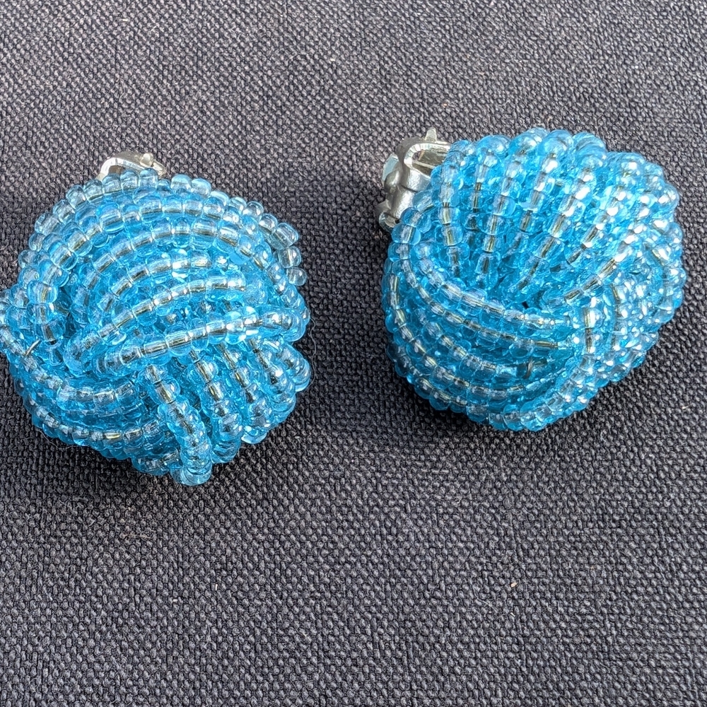 Vtg Earrings Clip On with Blue Knot Glass Beaded Strands